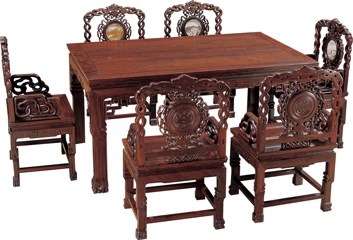 回纹长方桌带纹藤椅