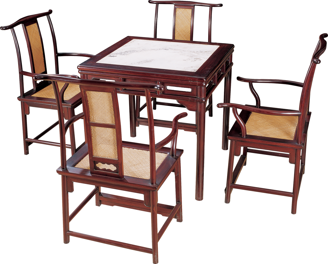 嵌云石四方桌带椅